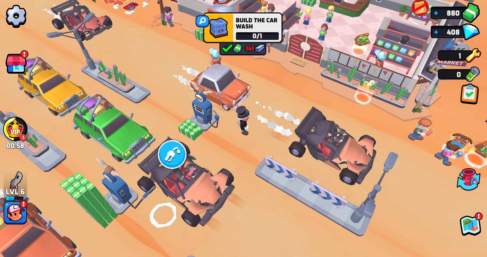 Gas Station gameplay — customers queueing at the pumps on the cleared forecourt, with the market and the garage running behind