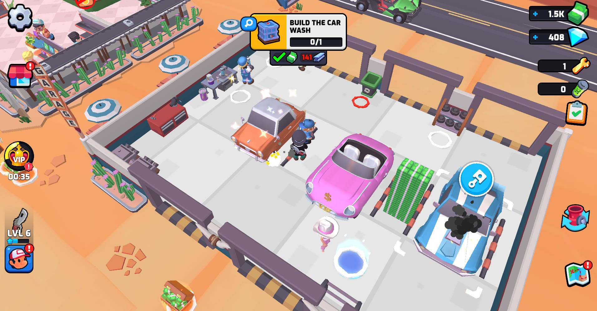 Gas Station — the garage: a car up on the lift being repaired while a VIP customer's car waits its turn