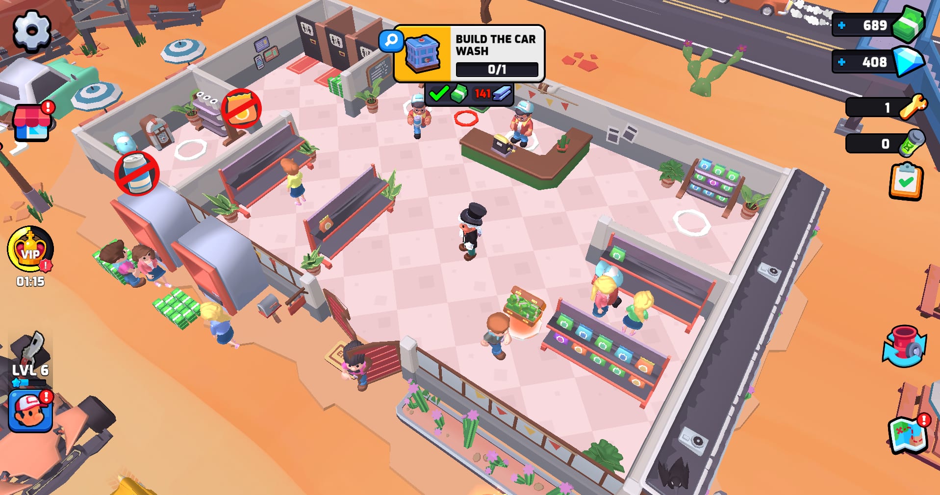 Gas Station — the restored store full of shoppers, with alerts showing the coffee machine and the drinks fridge need restocking