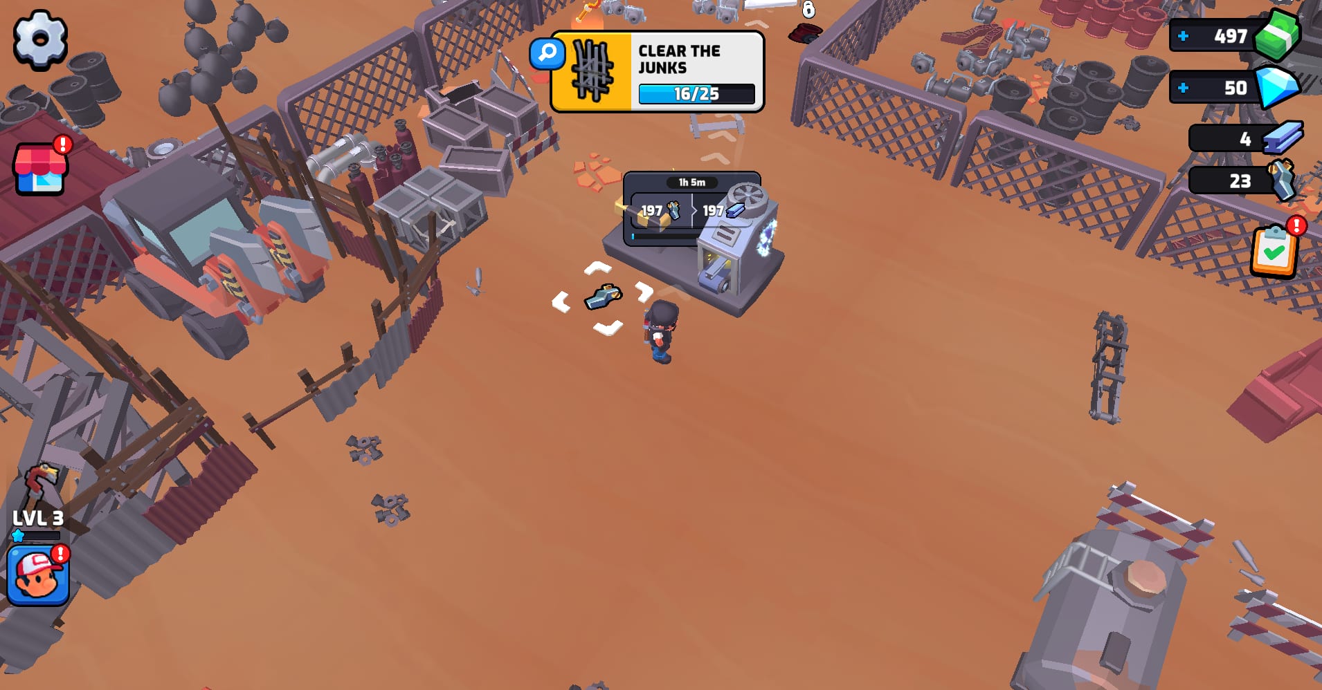 Gas Station — clearing the junkyard for scrap metal, with the 'Clear the junks' quest progress at character level 3