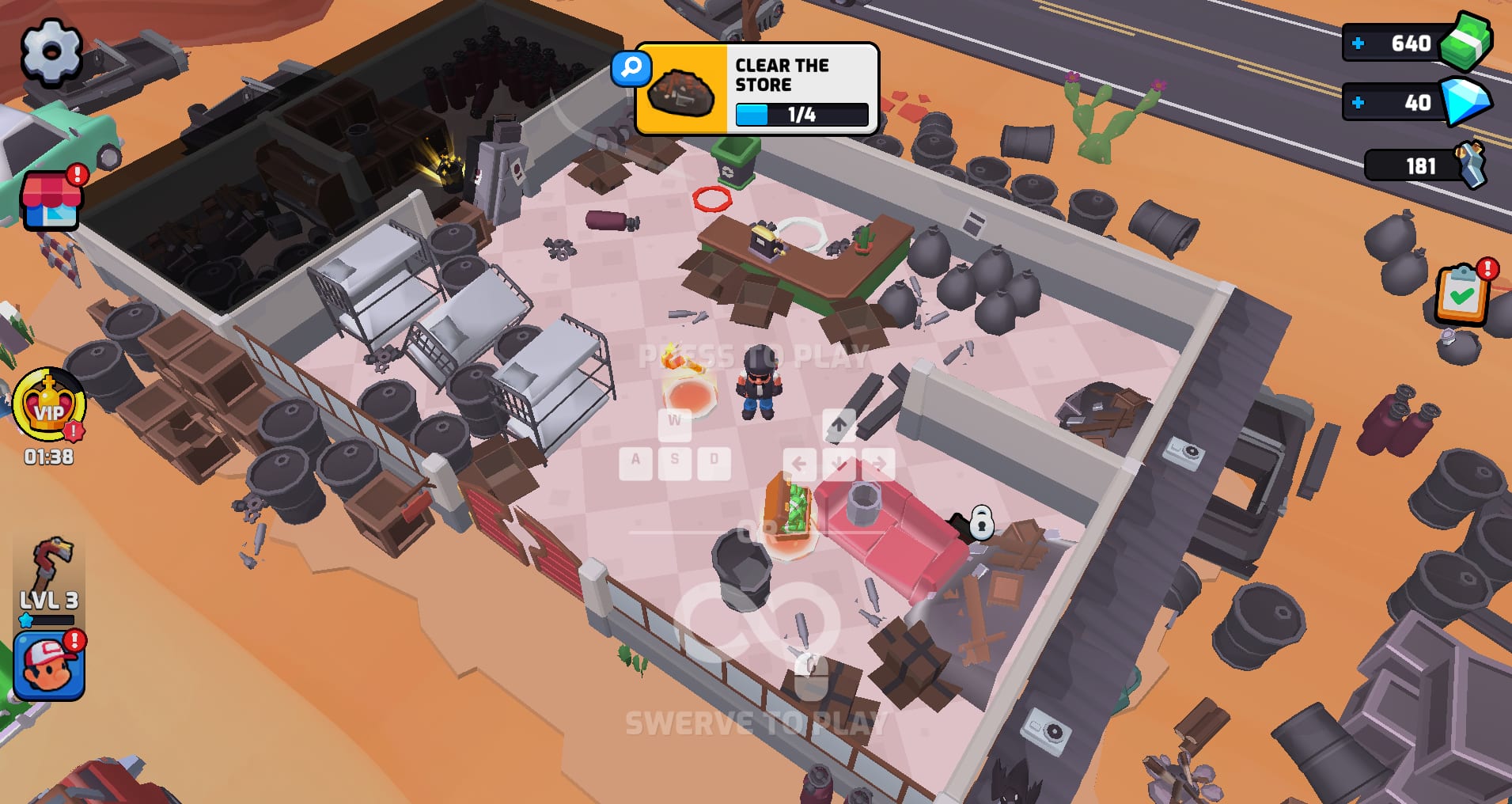 Gas Station — the rundown store before the clean-up, with the WASD and arrow-key movement hints on screen